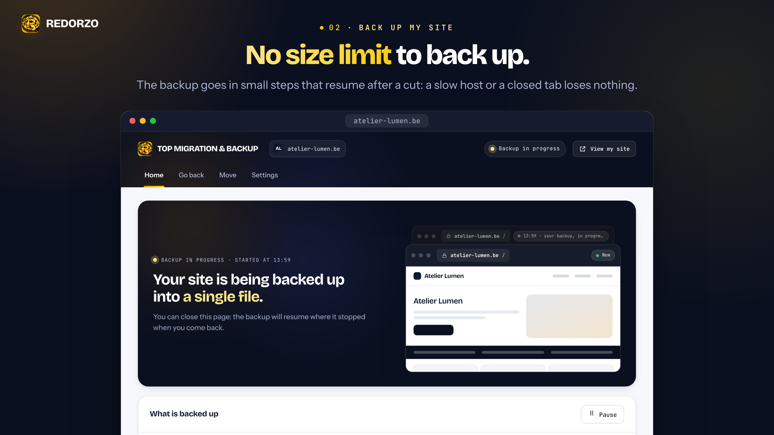 The backup goes on, part by part: contents and settings, media, plugins and theme, WordPress.
