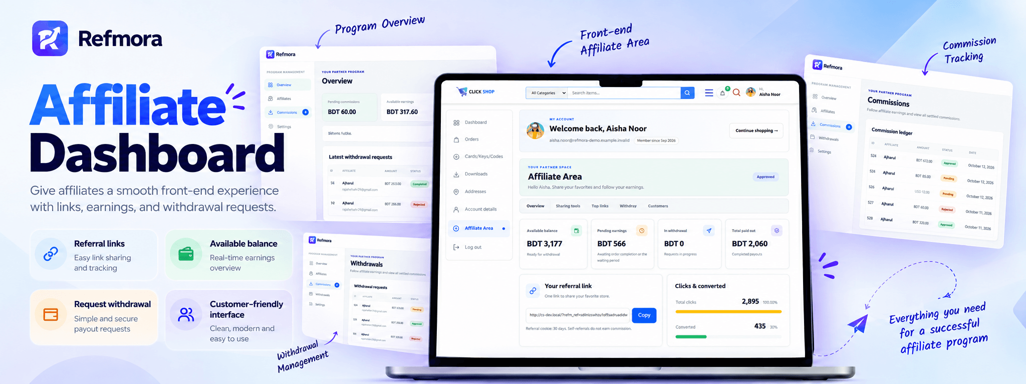 Affiliate dashboard — referral links, earnings, balances, click statistics, and withdrawal requests.
