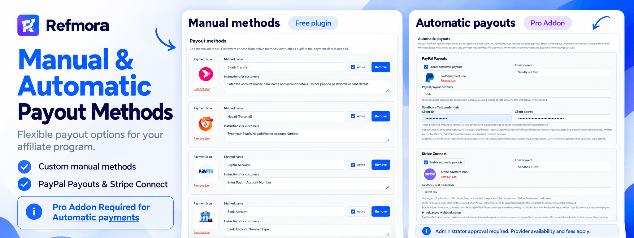 Payout methods — custom manual methods in the free plugin. Automatic PayPal Payouts and Stripe Connect payments require the separate Pro add-on.