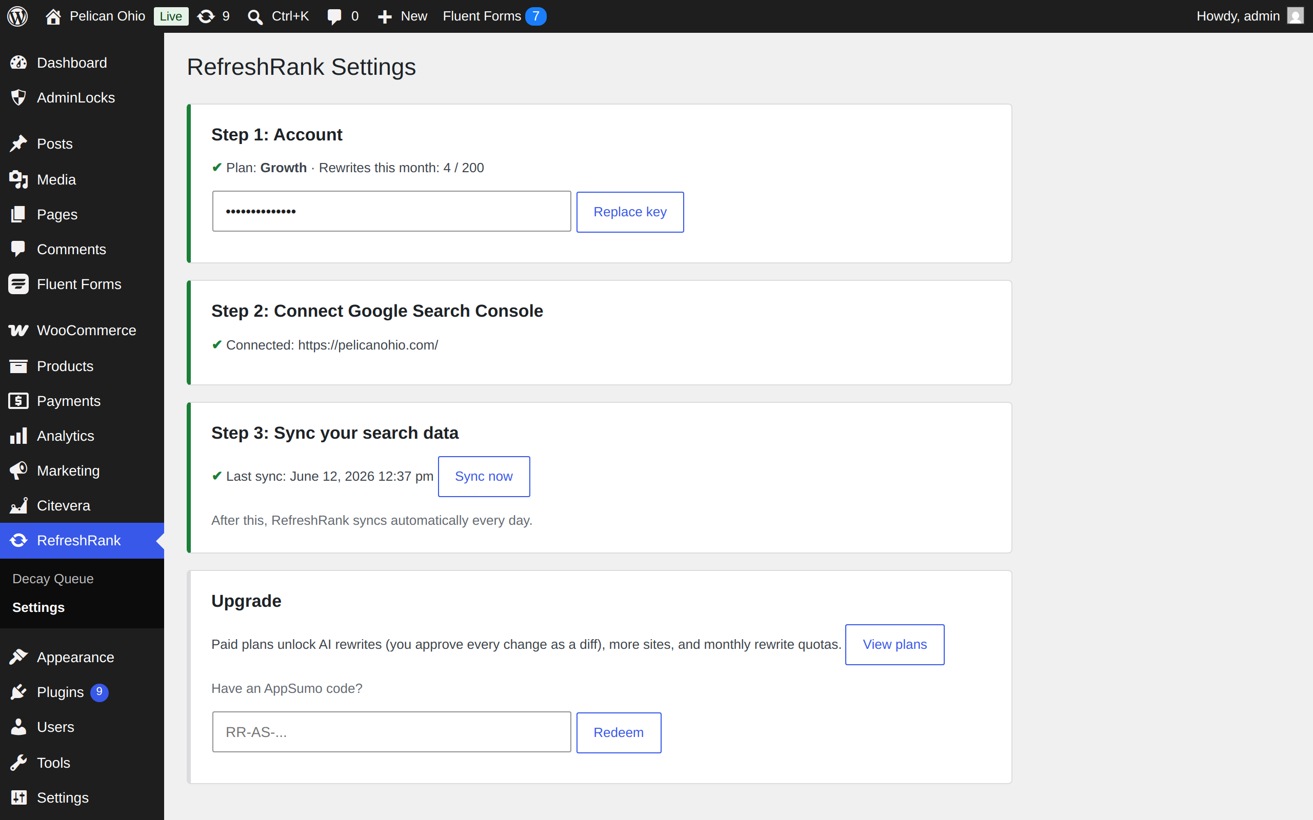 Settings: three-step onboarding - account, Search Console, first sync.