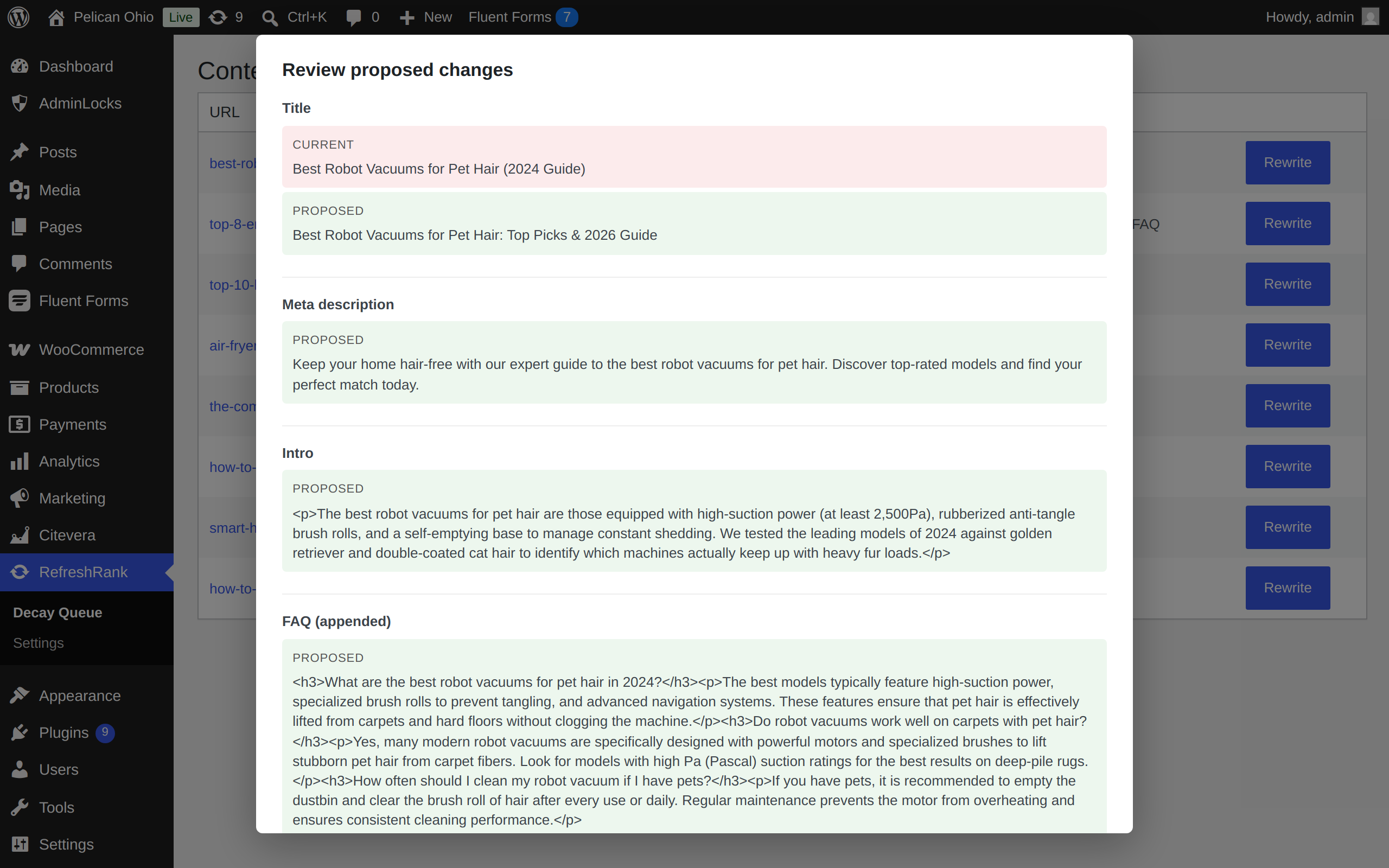 The review modal: every AI proposal shown as current vs proposed before you approve.