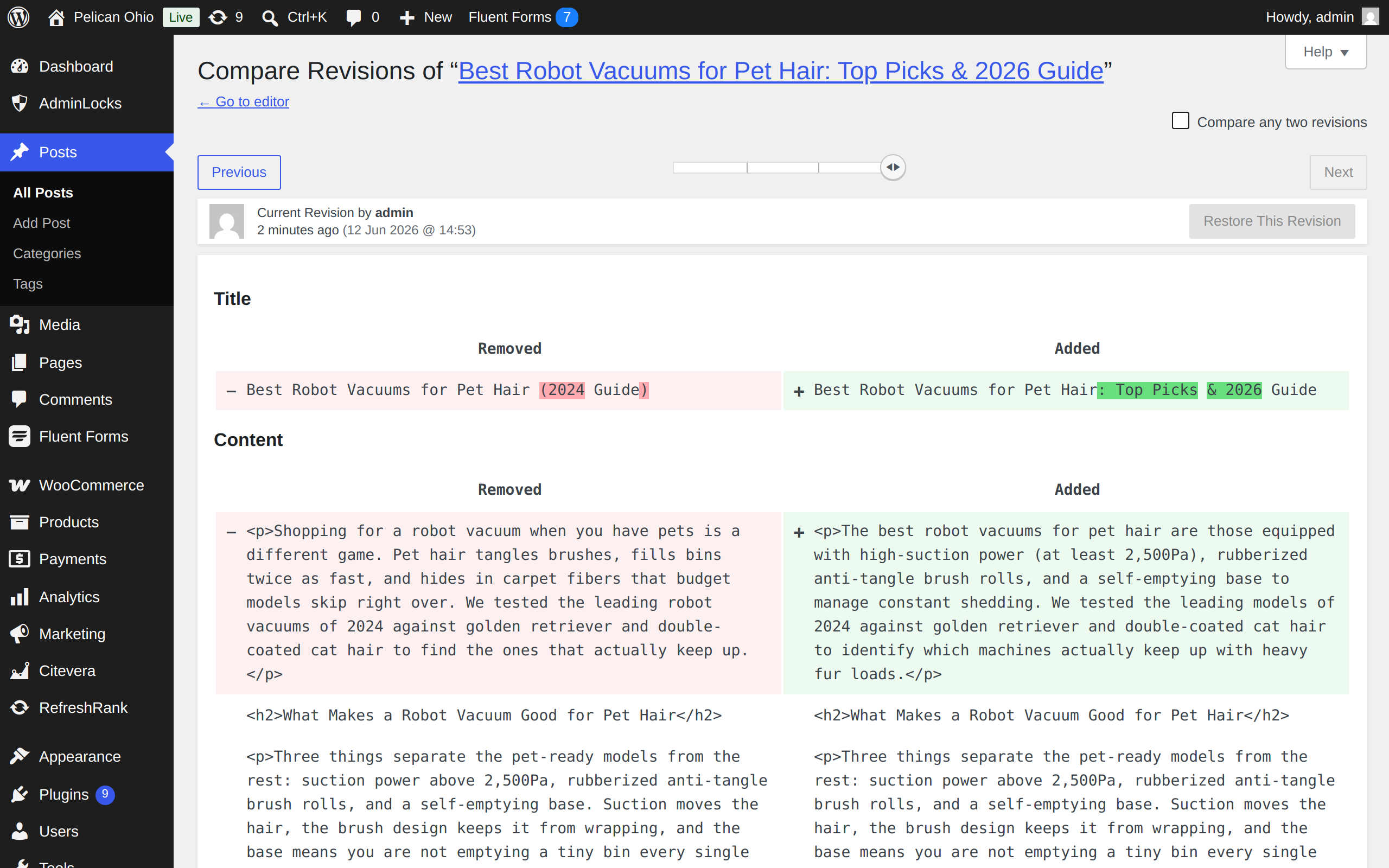 An applied rewrite saved as a normal WordPress revision.