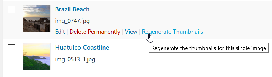 Individual images can be regenerated from the media library in list view.