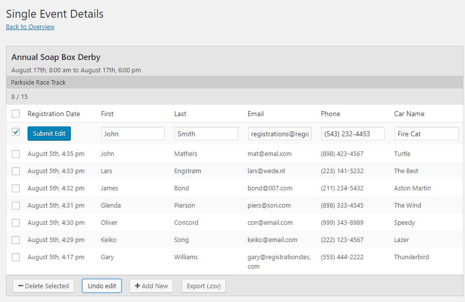 Detailed view of a single event's registrations. Buttons to delete, edit, add and export registrations