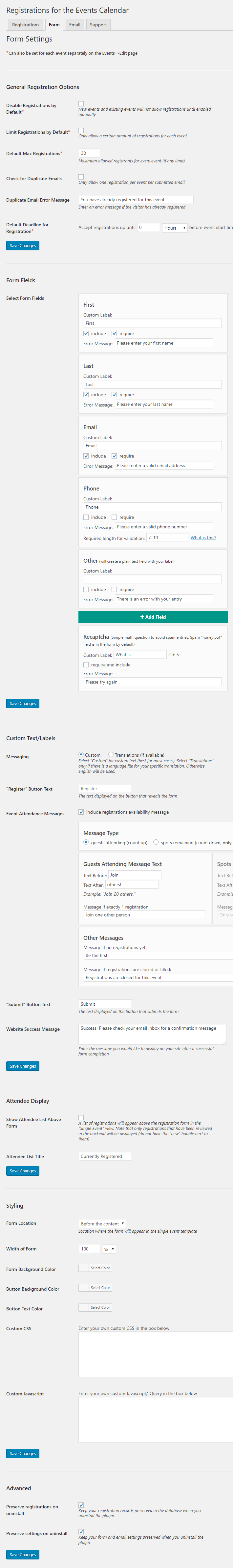 View of the settings on the "Form" tab