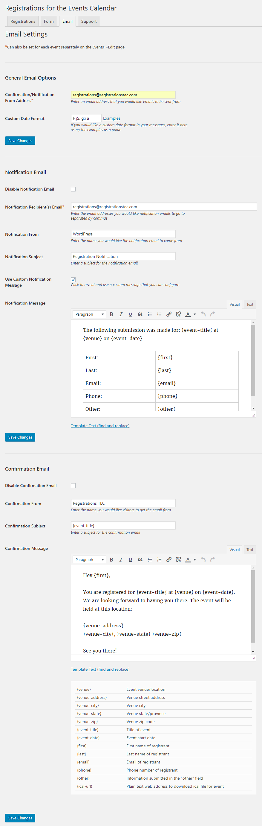 View of the settings on the 