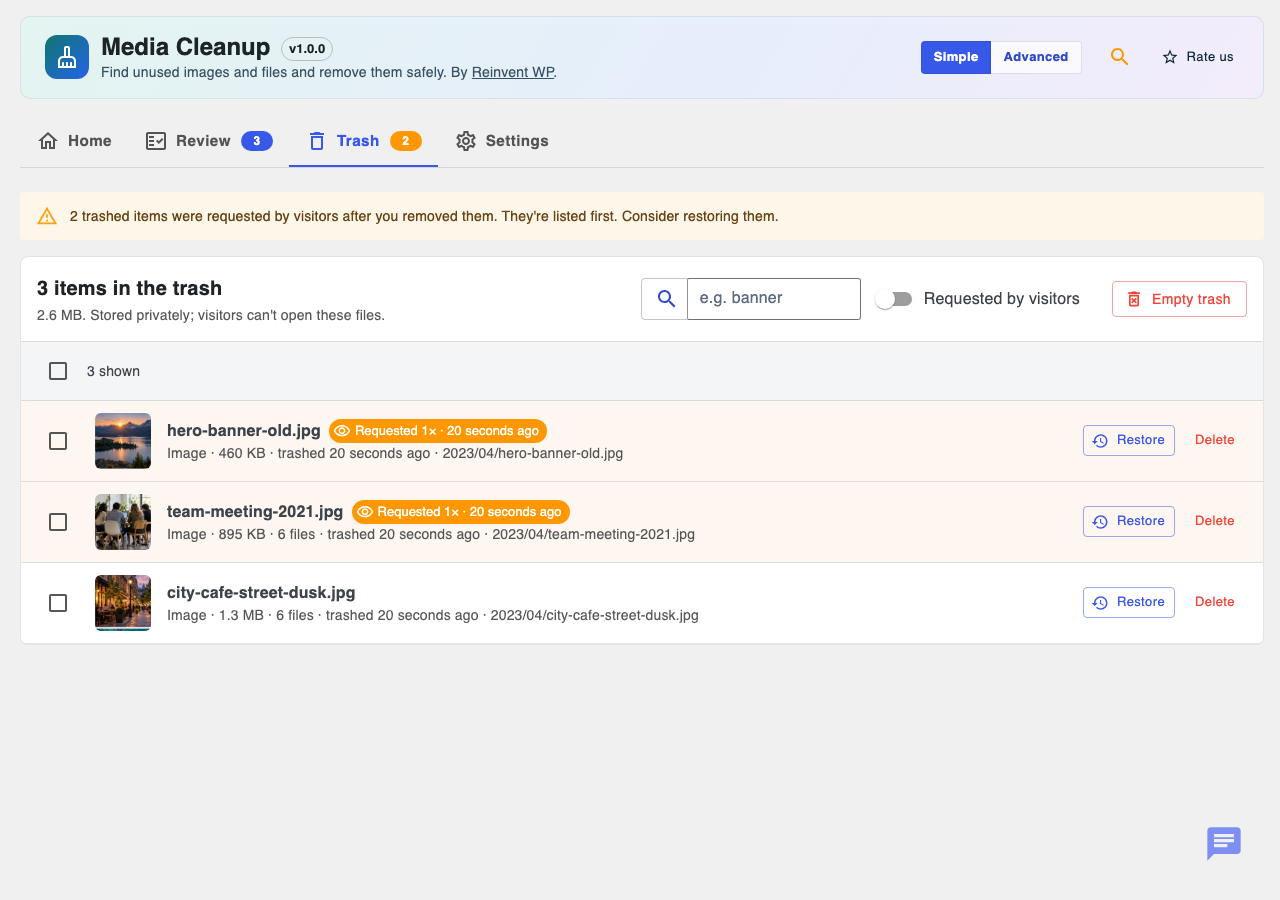 Trash: restore or delete for good, with visitor requests highlighted.