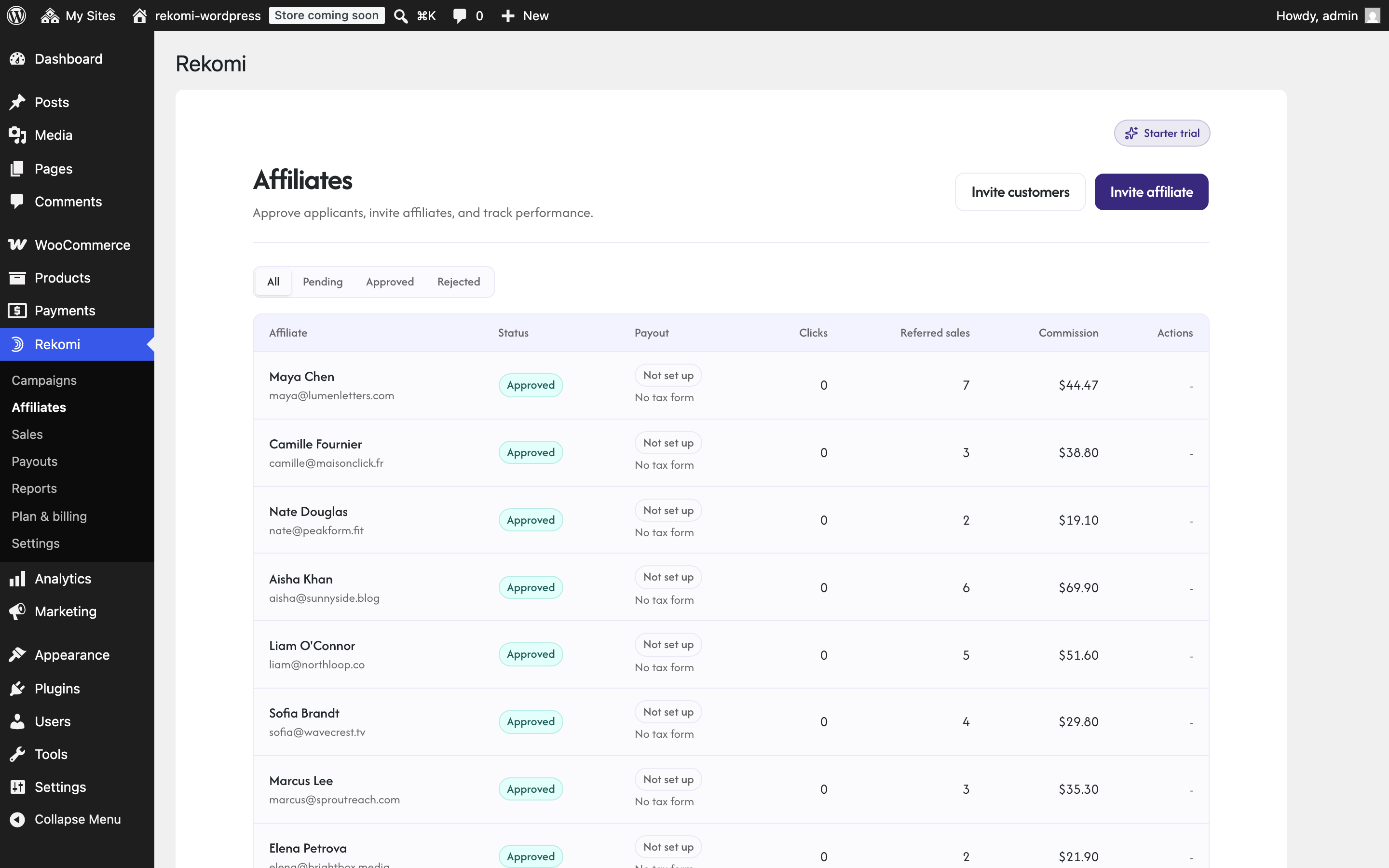 Affiliates: approve applicants, invite partners, and track performance.