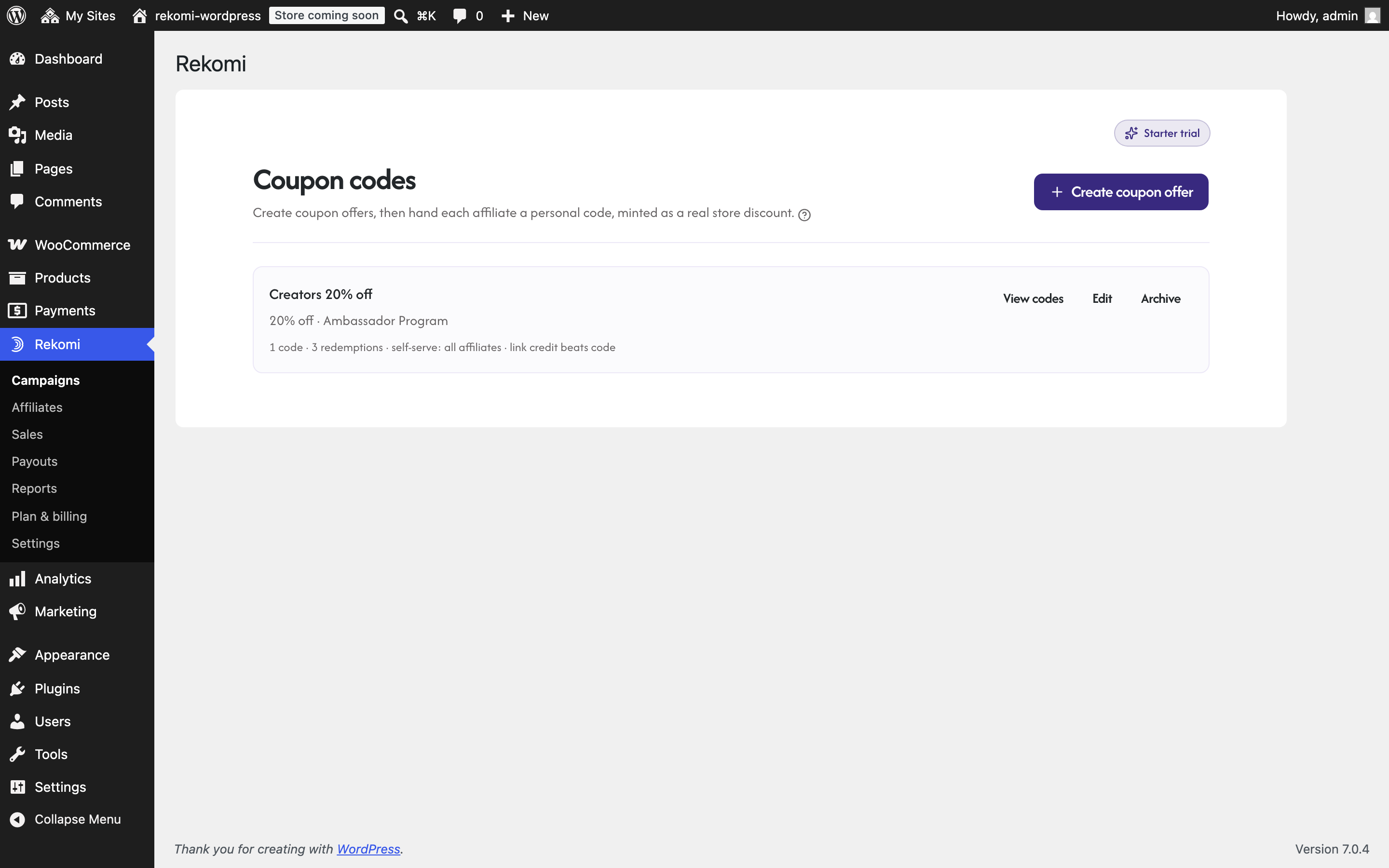 Coupon offers: every affiliate code is minted as a real WooCommerce coupon.