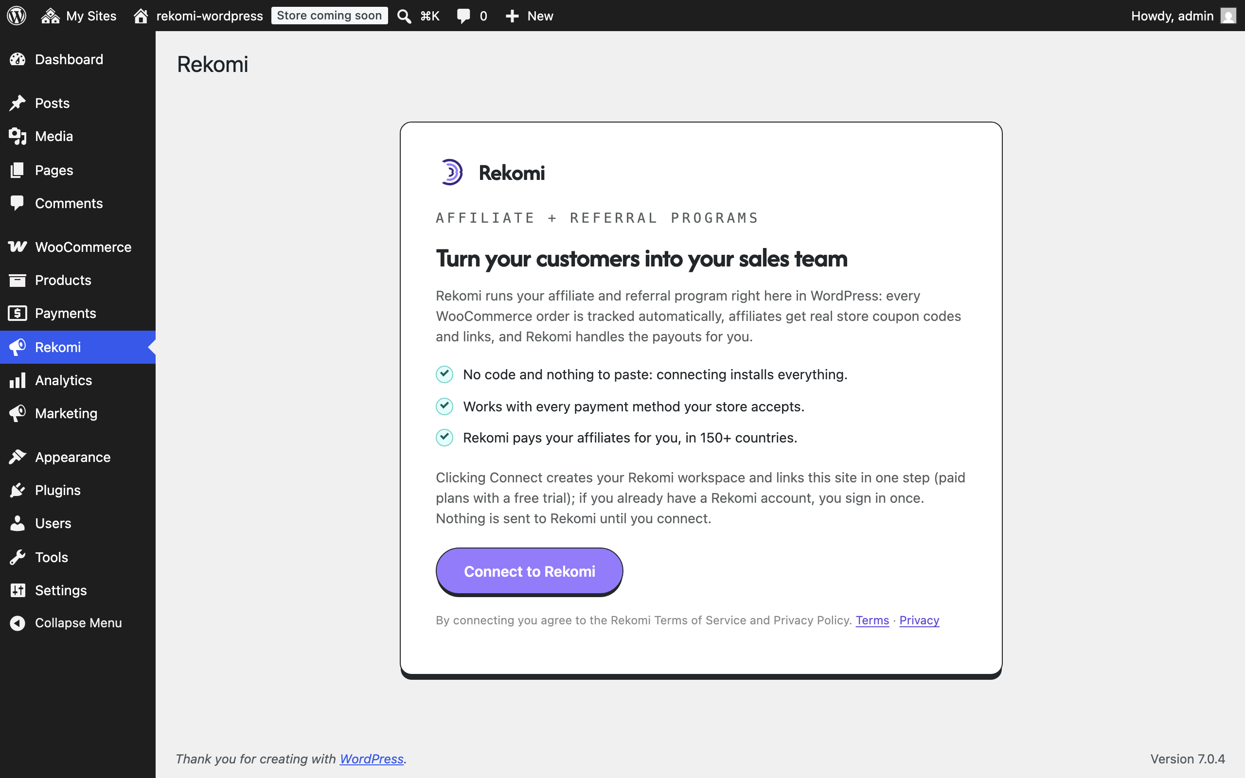 The one-click Connect screen that links your site to Rekomi.