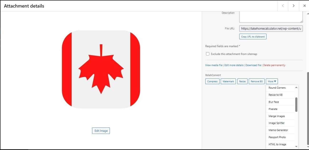Media Library grid view with RelahConvert buttons and More Tools dropdown.