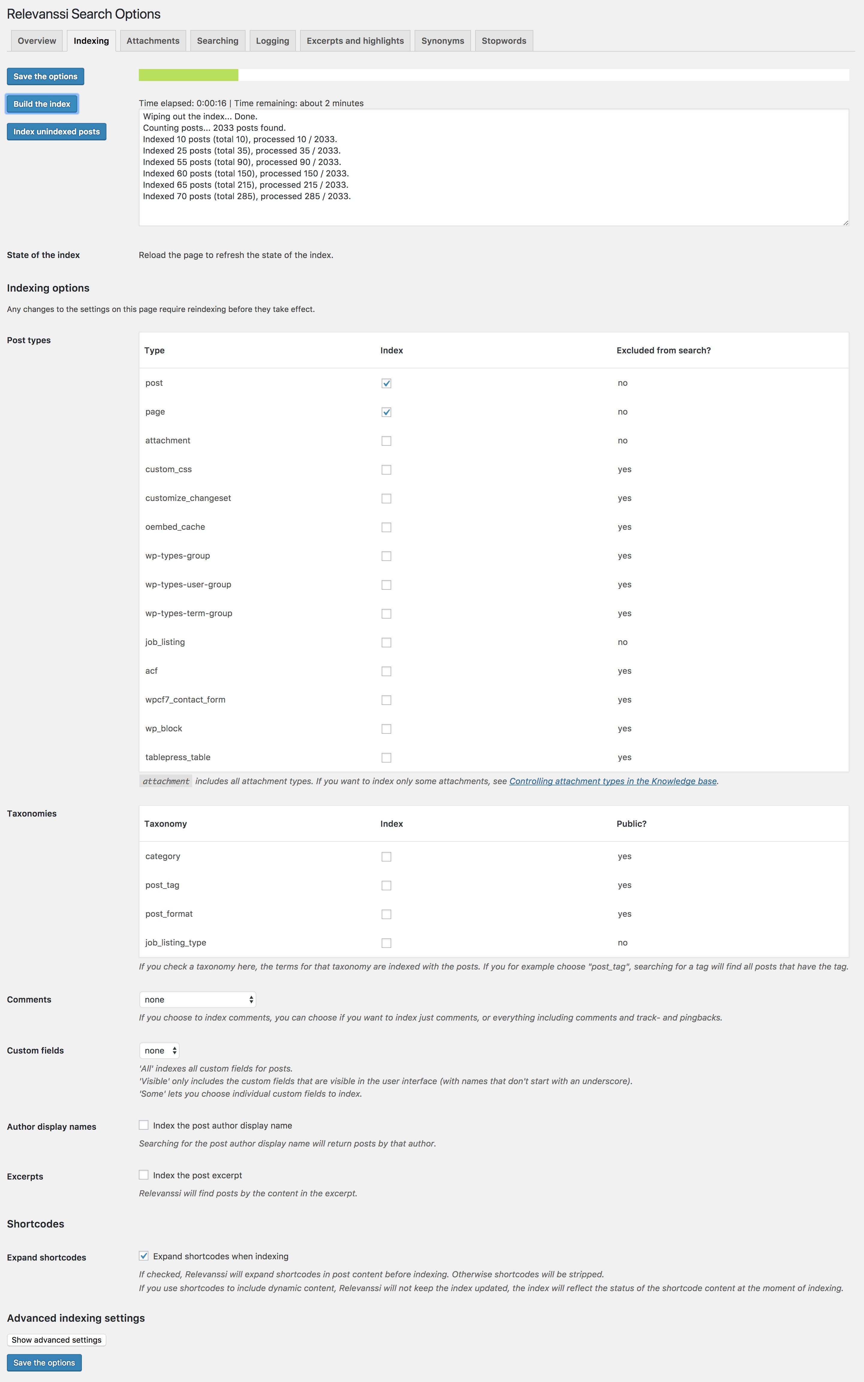 Indexing settings