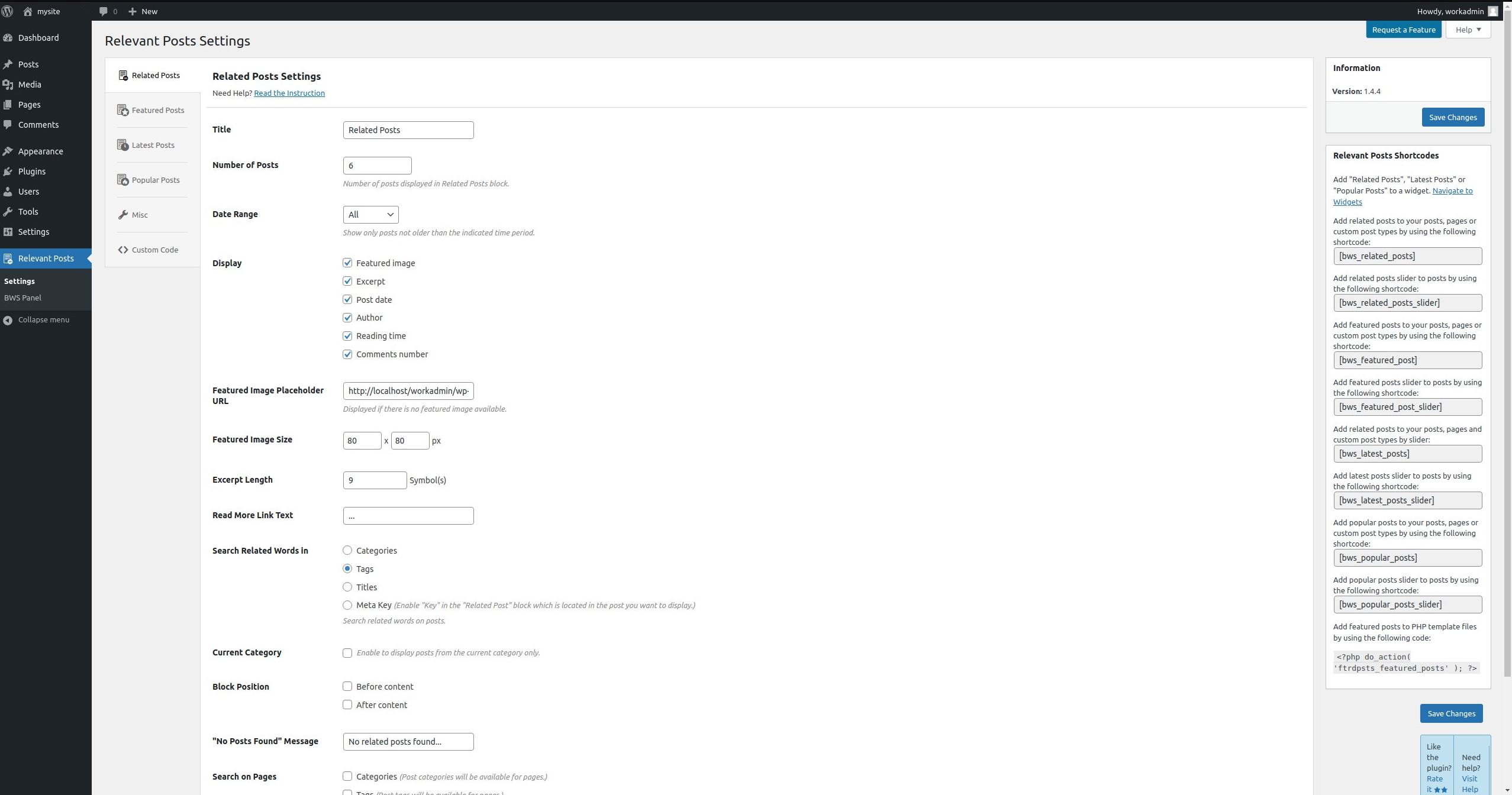 Related Posts Settings page.