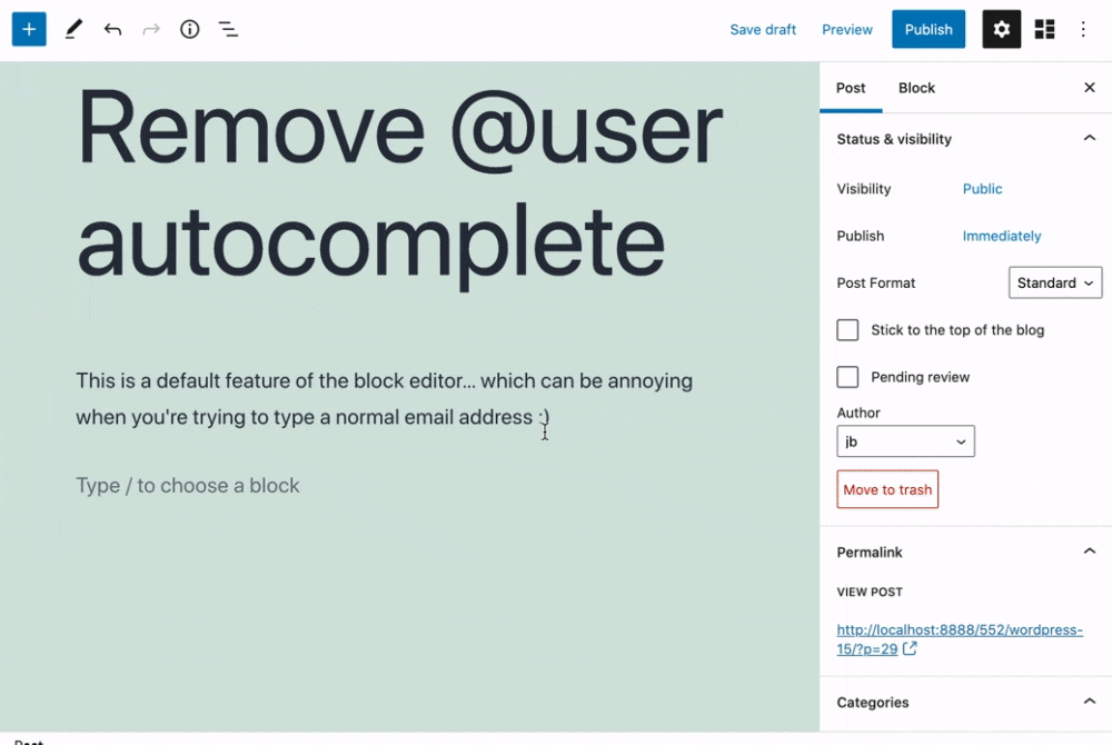 This plugin removes the default Gutenberg user autocomplete feature.