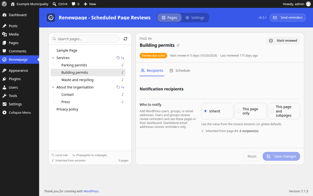 Pick a page in the tree to see its review status, who is notified and what it inherits.