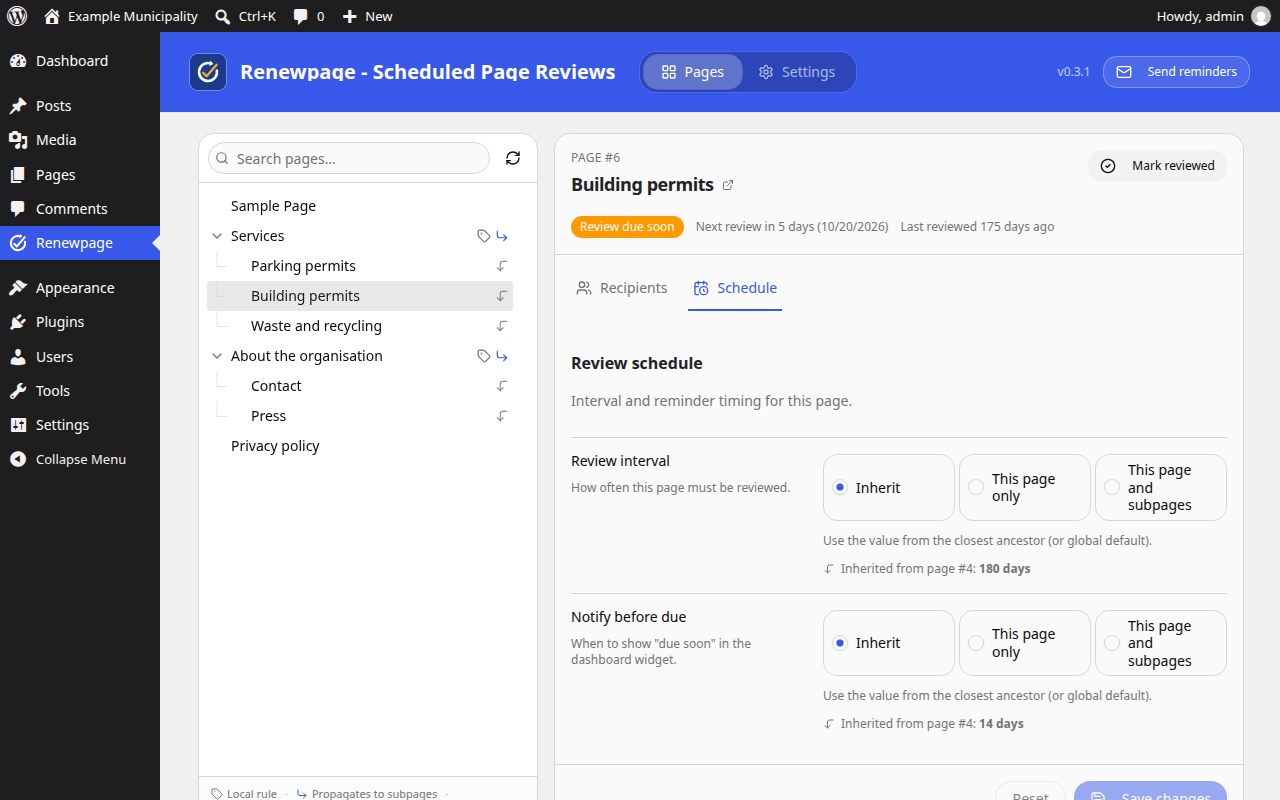 Set the review interval and the "due soon" window per page, for the page only or for its whole subtree.