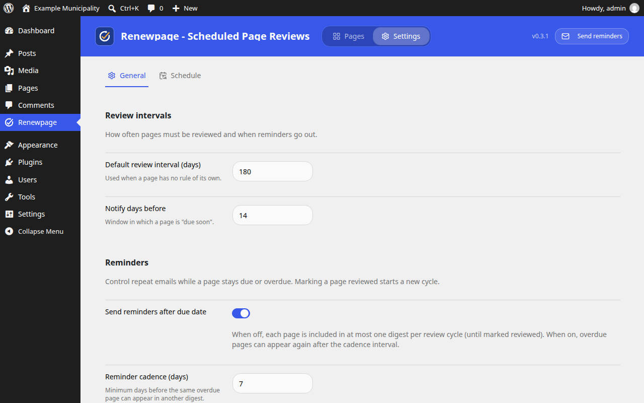 Site-wide defaults for review intervals and reminder emails.