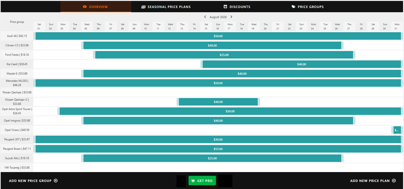 Price groups and price plans in Gantt calendar view