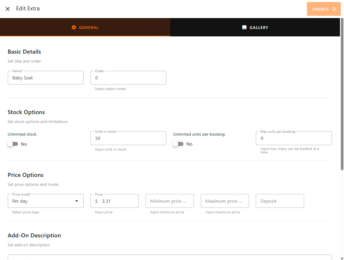 Extras with stock control and pricing options