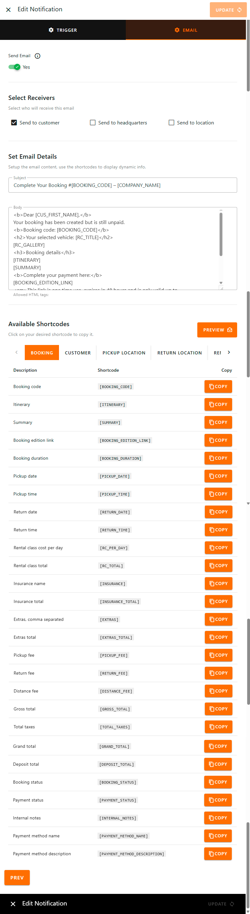 Email notification template editor with available tokens