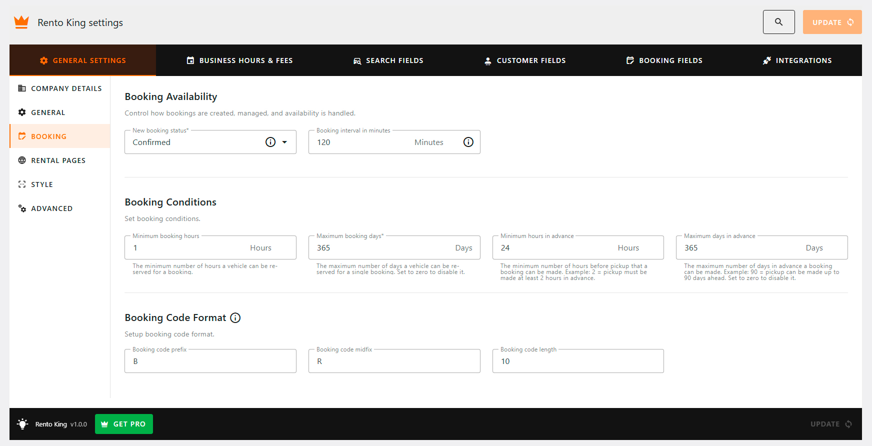 General and booking settings