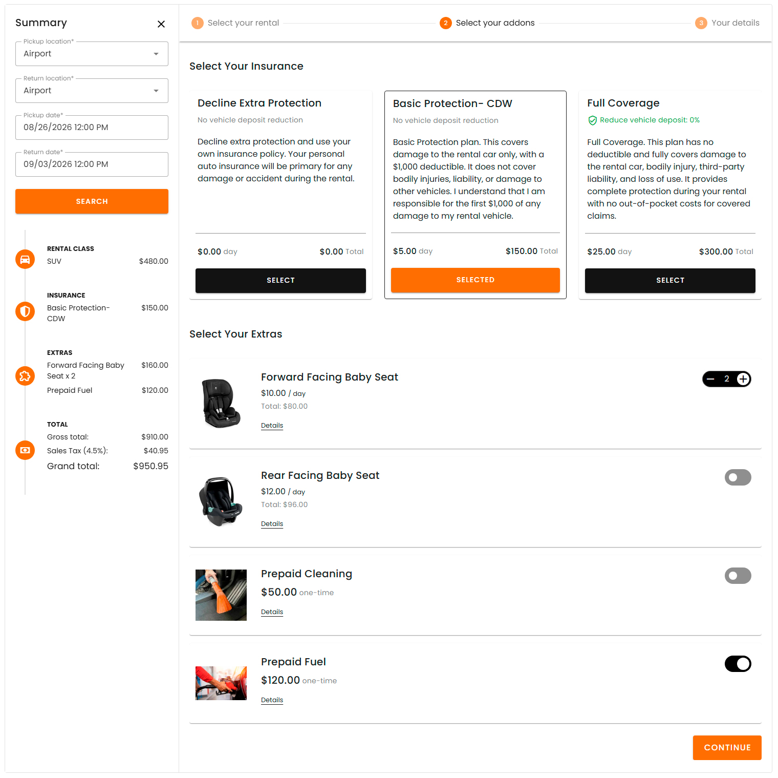 Insurance and extra services with per-day or per-booking pricing