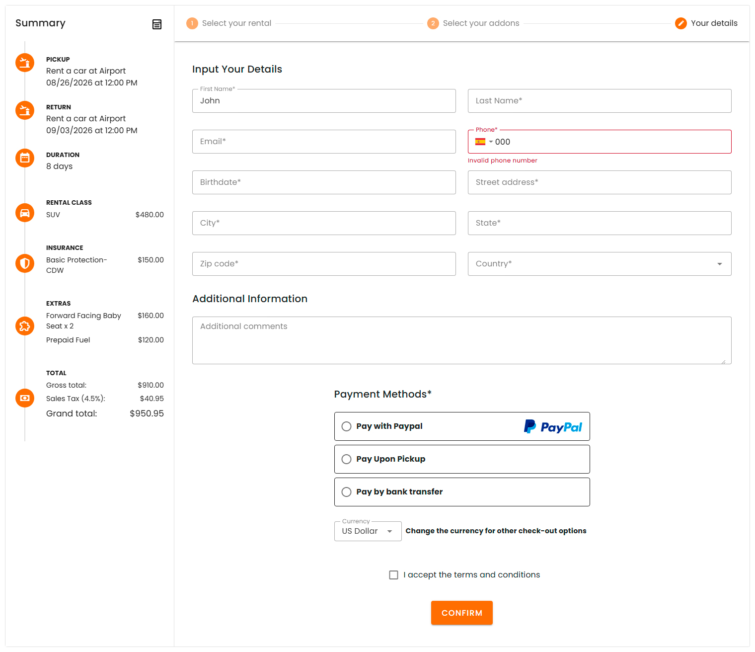 Customer details and booking summary before confirmation