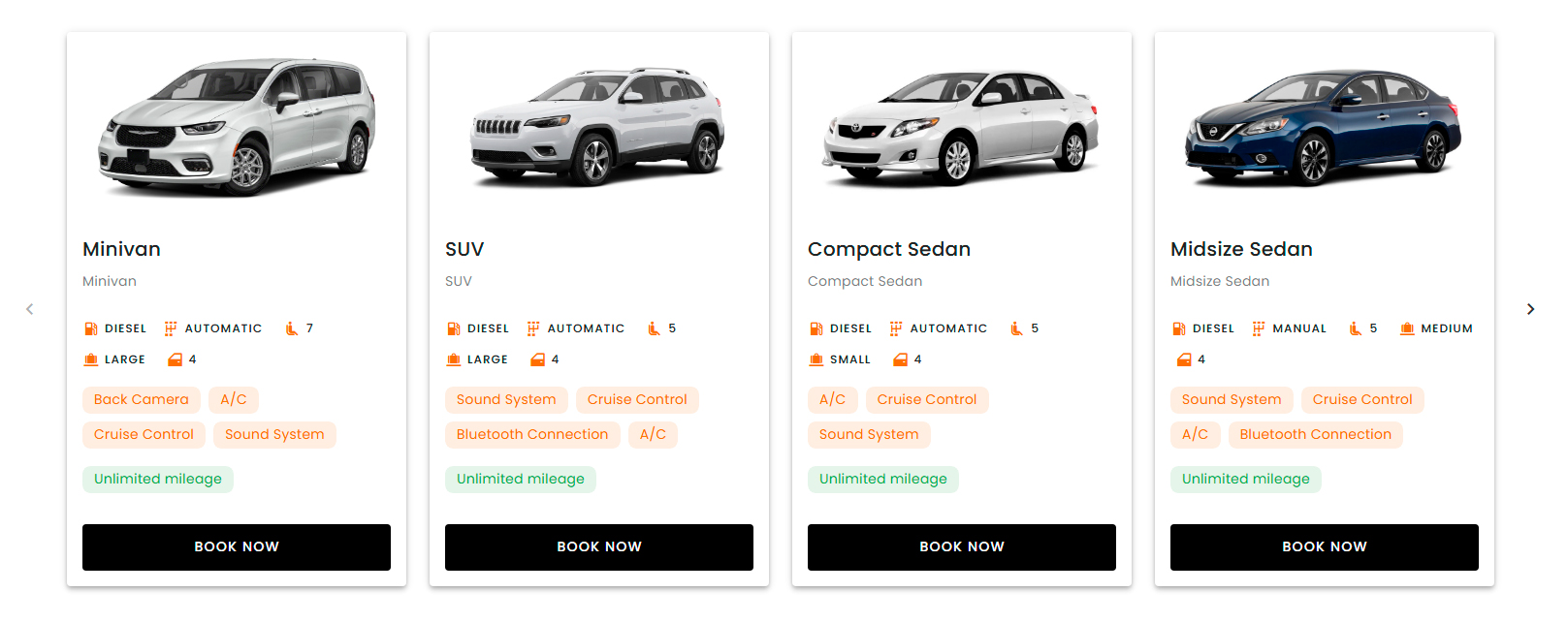 Rental classes displayed in slider