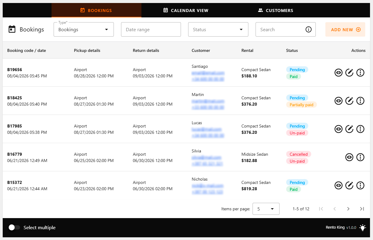 Booking list with status, dates and customer at a glance