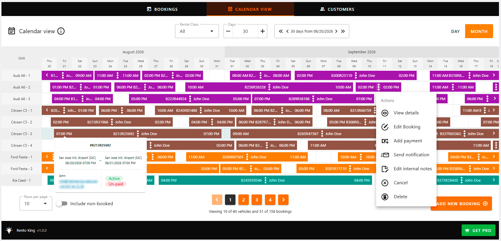 Calendar view of bookings across the fleet