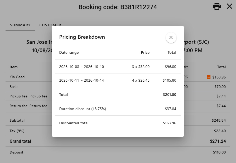 Booking detail with pricing breakdown