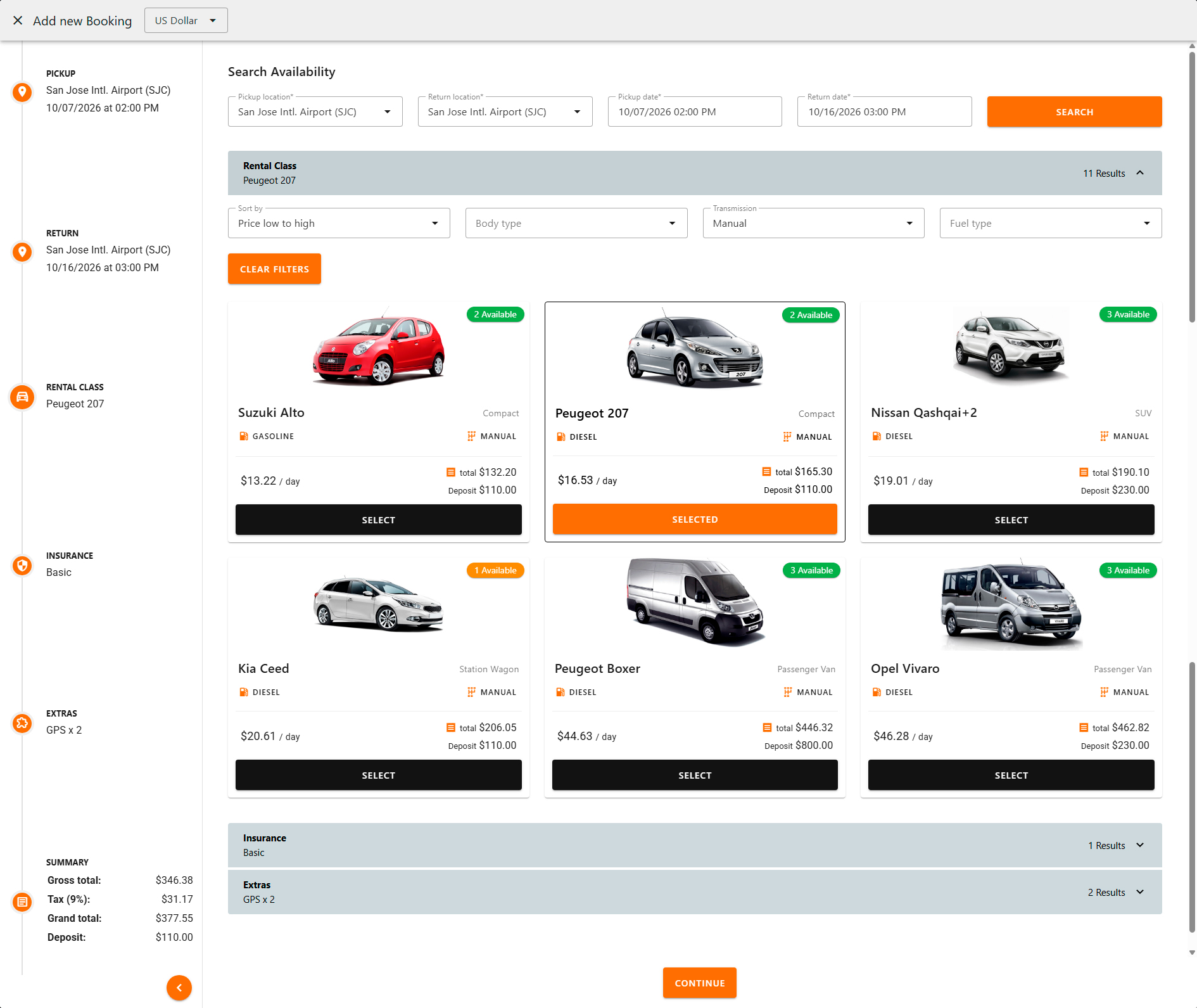 Create a booking from the admin: search and select a rental class