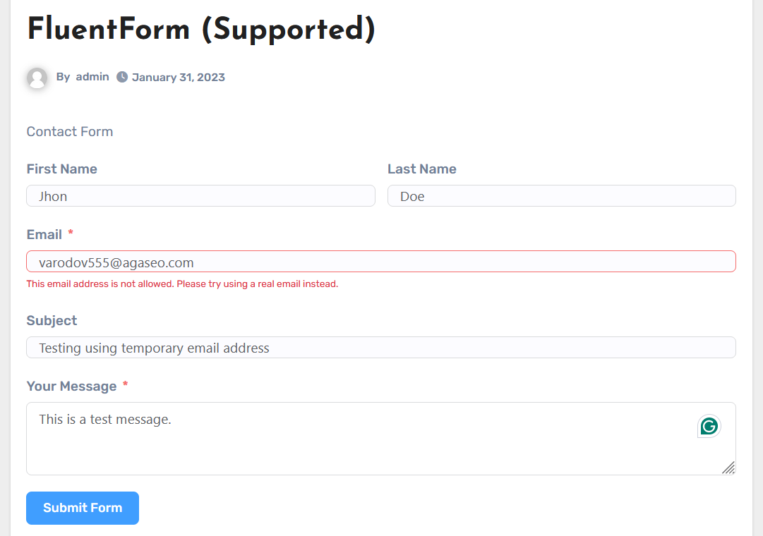 Temporary email blocked during Fluent Form submission.