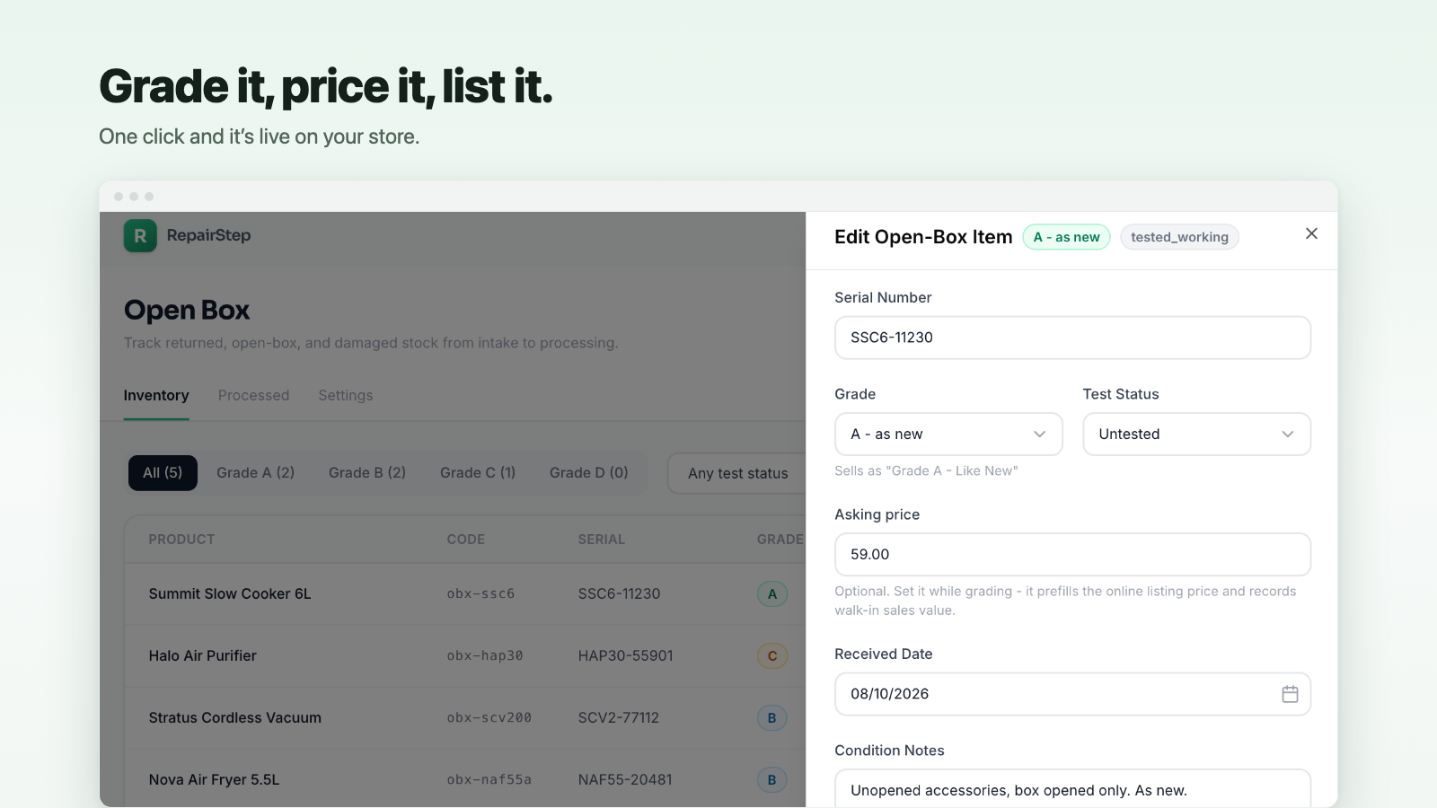 Grade it, price it, list it - one click and it is live on your store.
