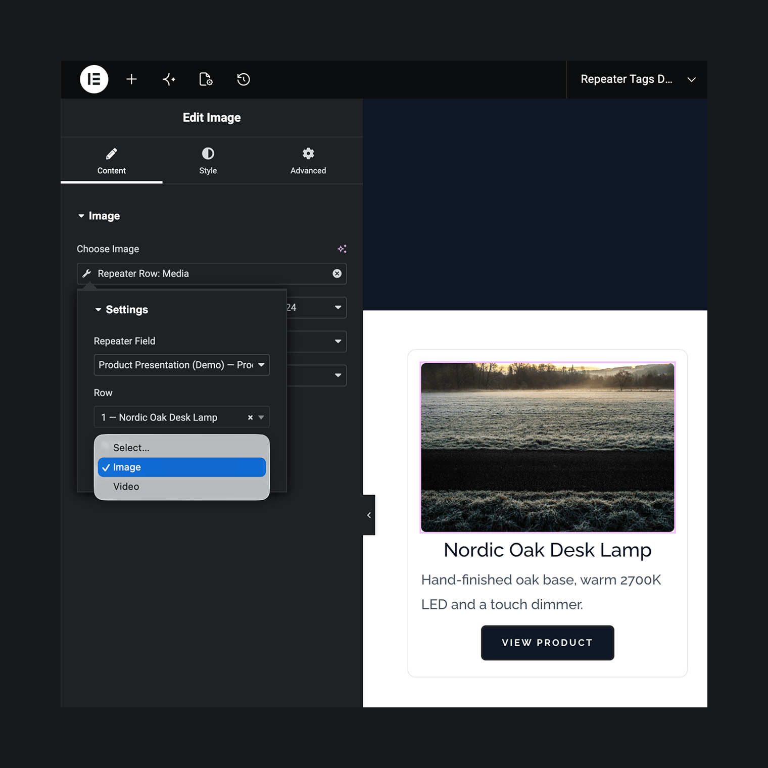 Repeater Row: Media — same picker, switched to the Image type; the row's photo becomes the widget's image