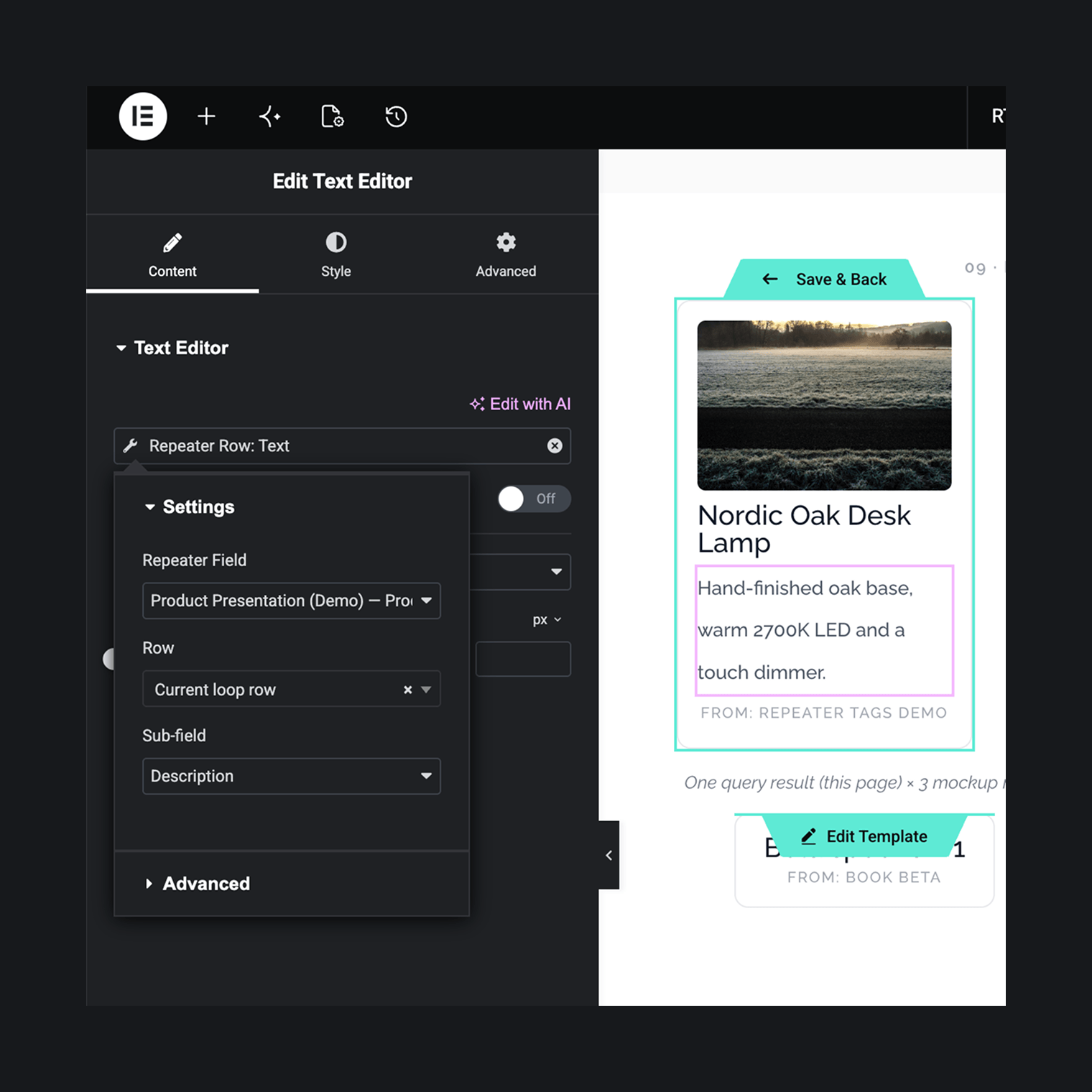 Repeat mode (Elementor Pro): a Loop Grid card bound to "Current loop row" — one template, one card per repeater row