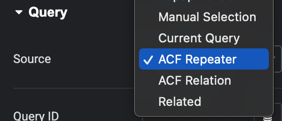 The Elementor Loop Grid has a Query tab. Choose "ACF Repeater" or "ACF Relationship" from the dropdown.
