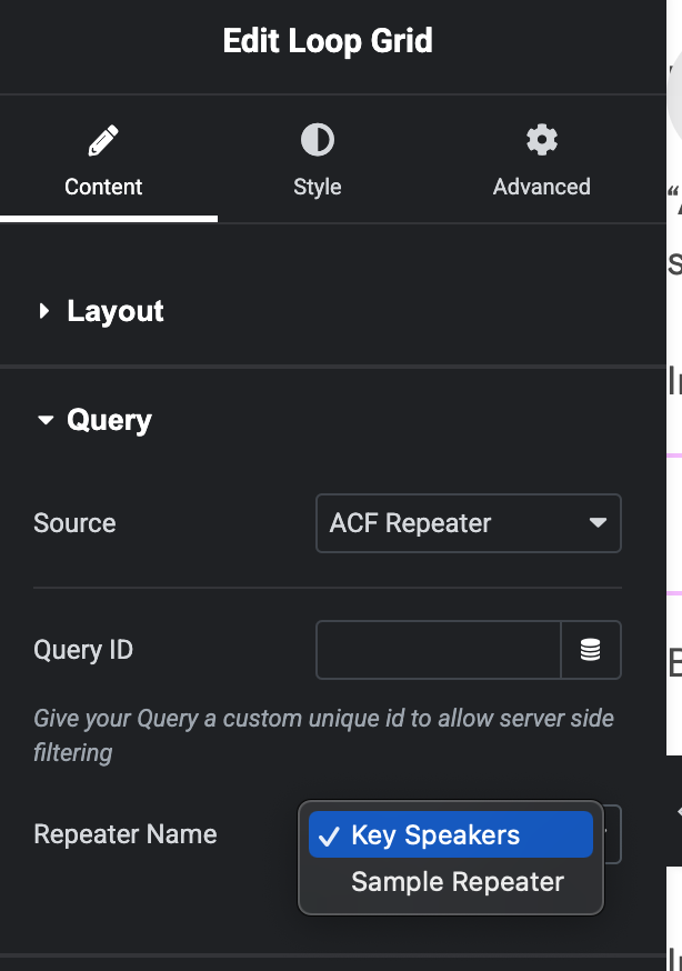 For Repaters, select the ACF Repeater name to use as the data source.