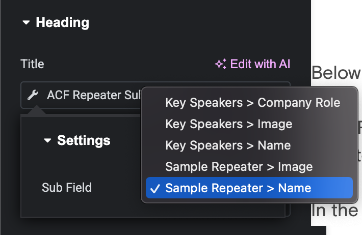 For Repeaters, edit the template. Select a sub-field from the dropdown for the ACF Repeater Sub Field tag.