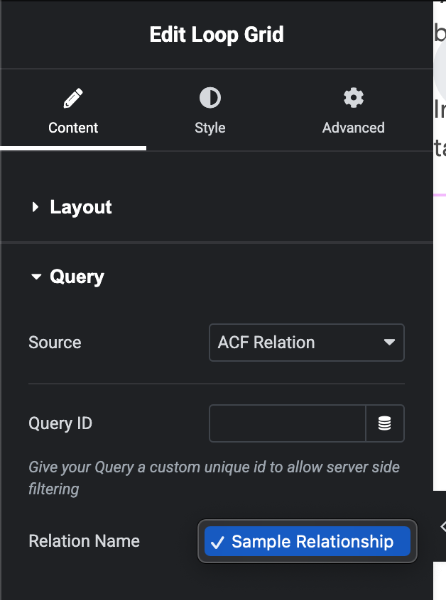 For Relationships, select the ACF Relationship name to use as the data source.