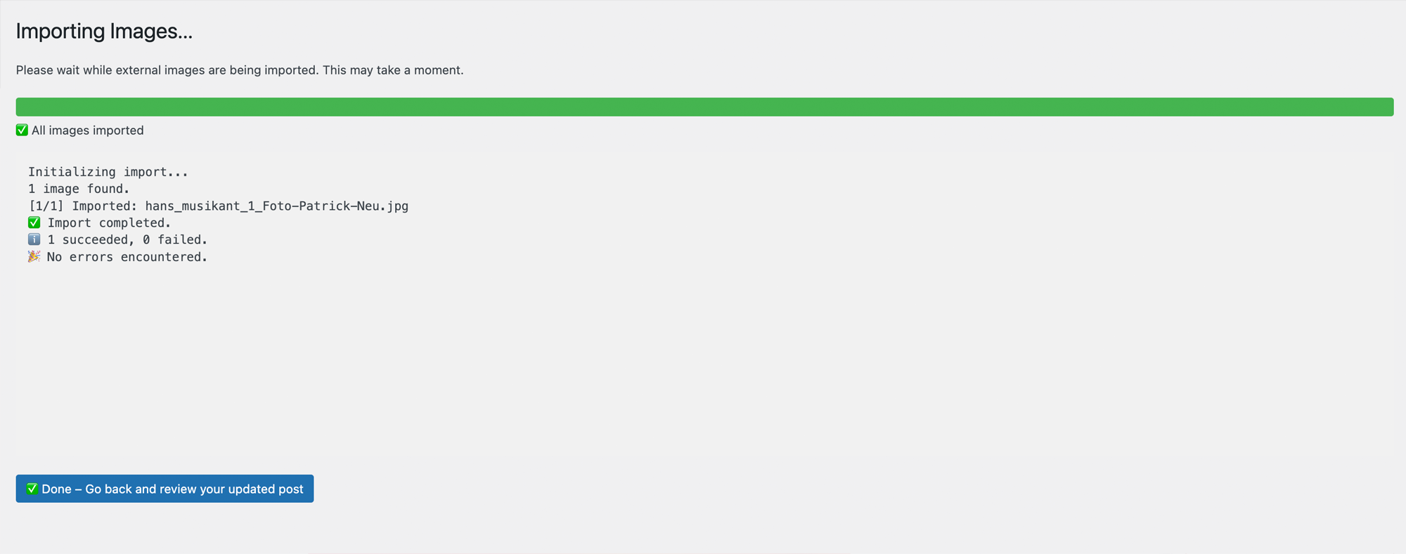 Successful import confirmation with summary and return link.