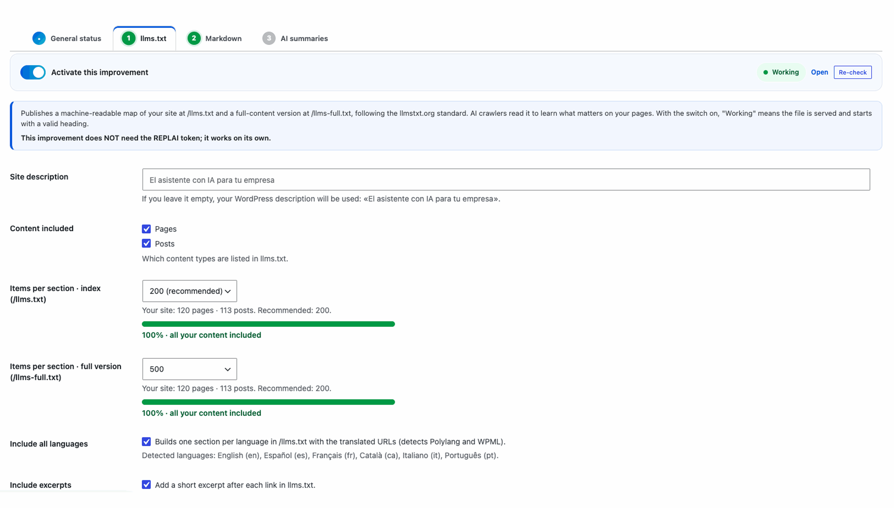 llms.txt generator: publish a machine-readable /llms.txt (and full-content /llms-full.txt) map of your site following the llmstxt.org standard, with content coverage, per-language sections and excerpts. Works without any API key.