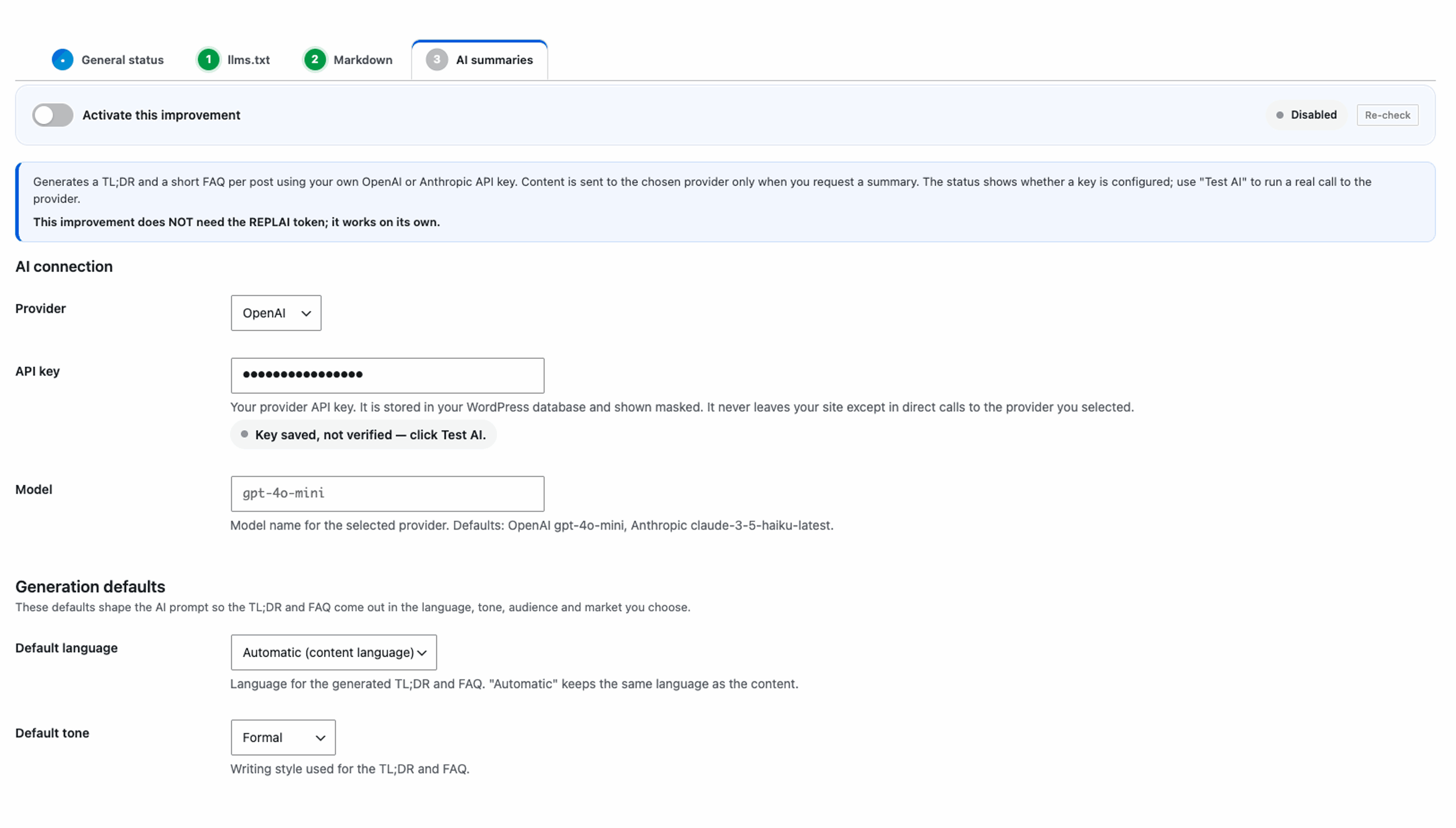 AI summaries: generate a TL;DR and a short FAQ for each post using your own OpenAI or Anthropic key — choose provider, model, language and tone.