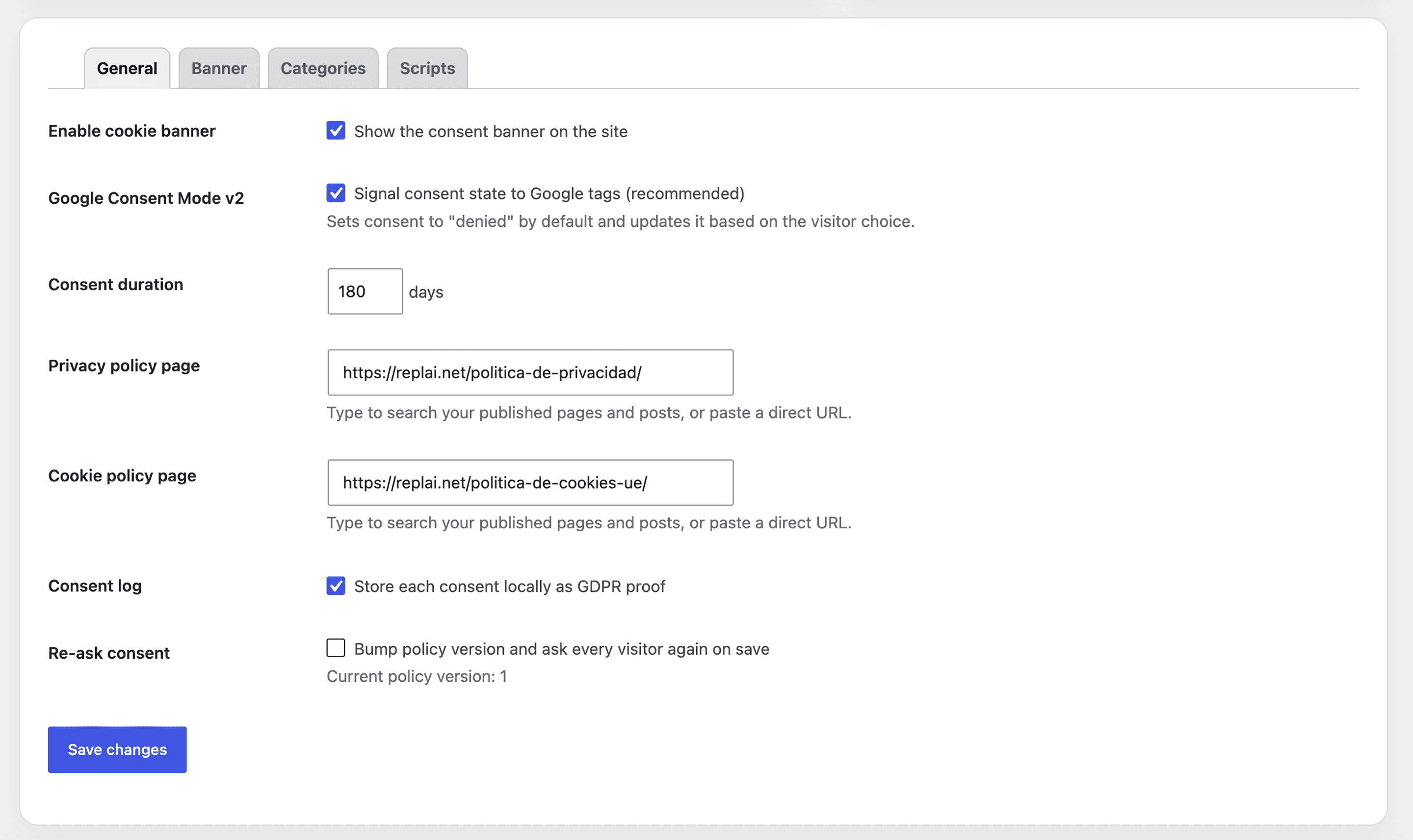 General settings: enable the banner, Google Consent Mode v2, consent duration, privacy and cookie policy pages, GDPR consent log and re-ask on policy changes.