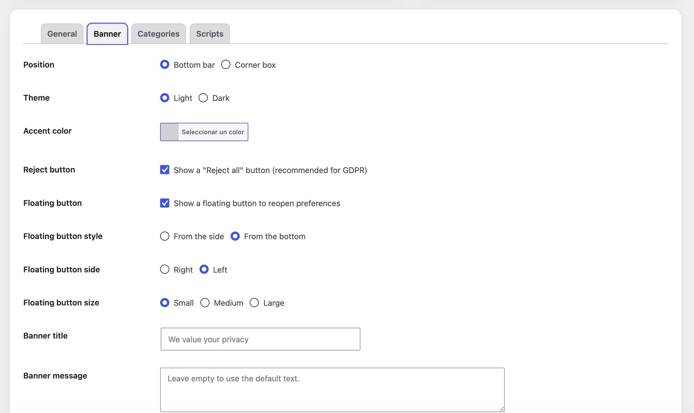 Banner appearance: position, light/dark theme, accent color, "Reject all" button and floating preferences button (style, side and size).