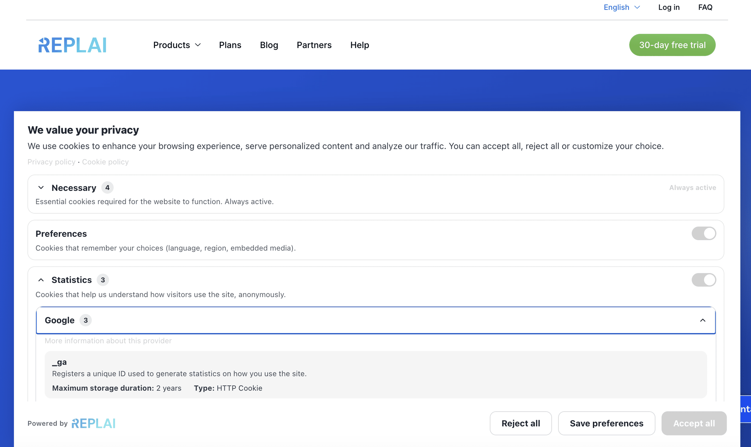 The consent banner on the front end, with cookie categories, per-provider detail and the "Accept all", "Reject all" and "Save preferences" actions.
