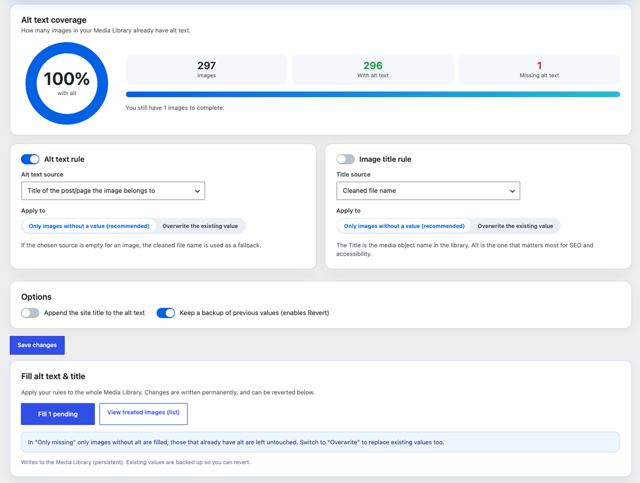 The settings screen: a coverage ring, the alt text and image title rules (source and when to apply), options, and the run action with a dynamic "Fill N pending" button.
