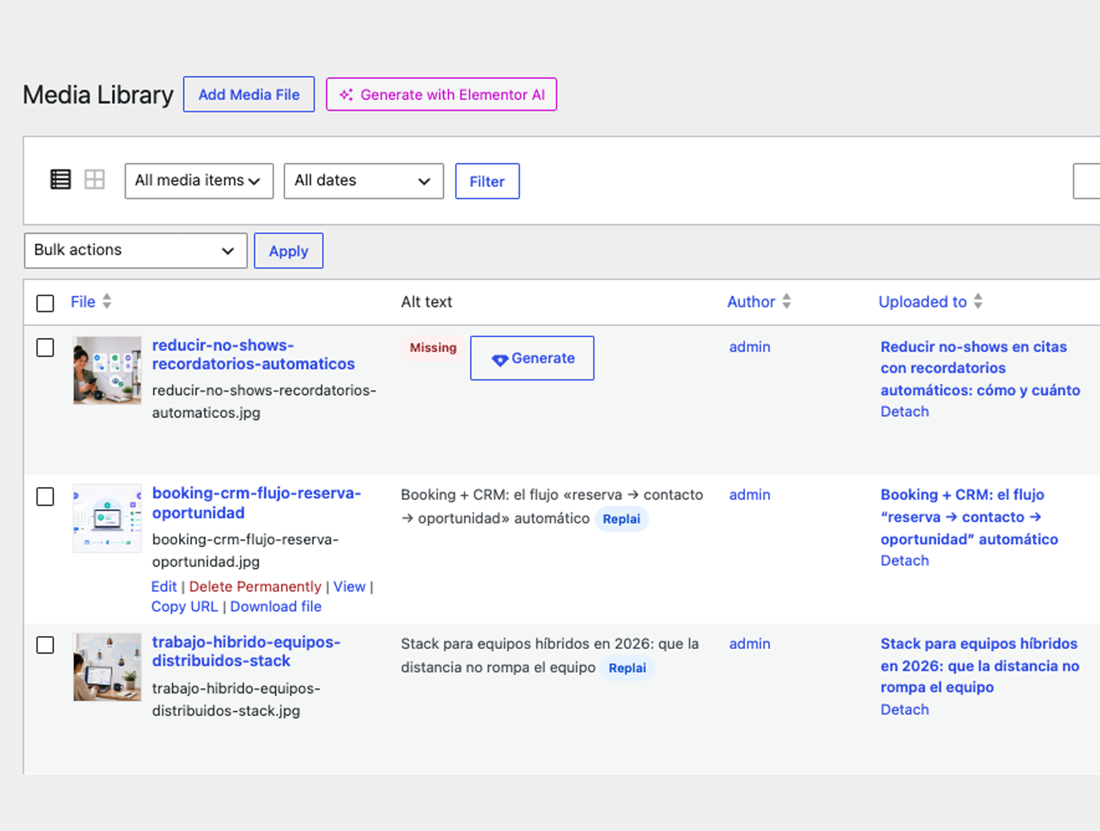 Right in the Media Library list: an "Alt text" column flags images with missing alt, with a per-image "Generate" button and a badge marking the ones filled by the plugin.