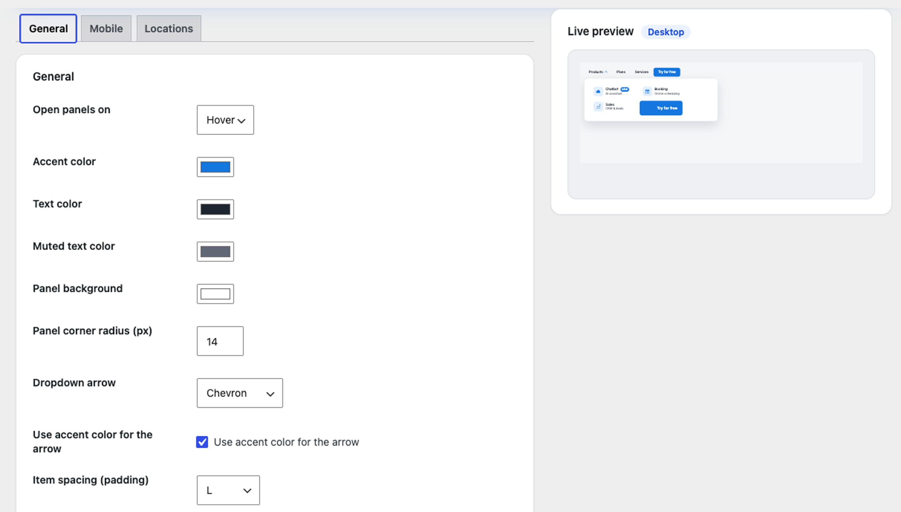 The settings screen (General tab): accent and text colours, panel corner radius, dropdown arrow and the live desktop preview.