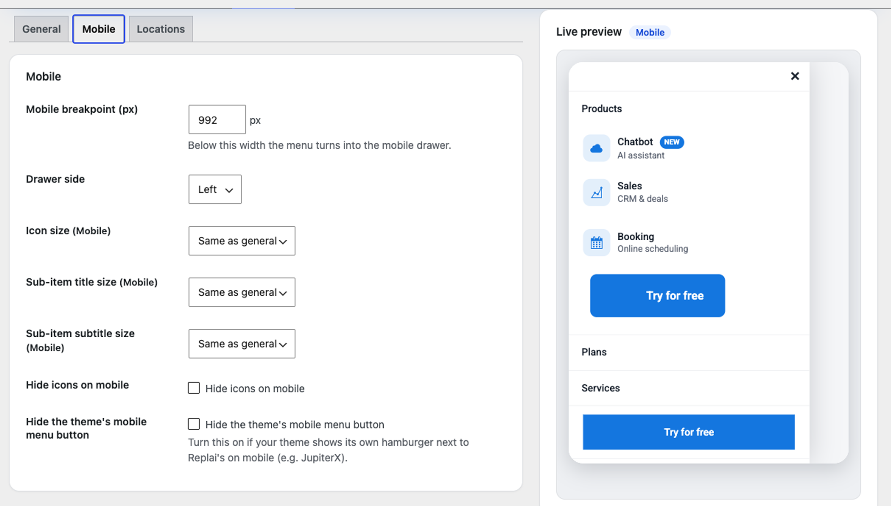 The Mobile settings with the live mobile preview: off-canvas drawer, expandable sections and a sticky call-to-action.